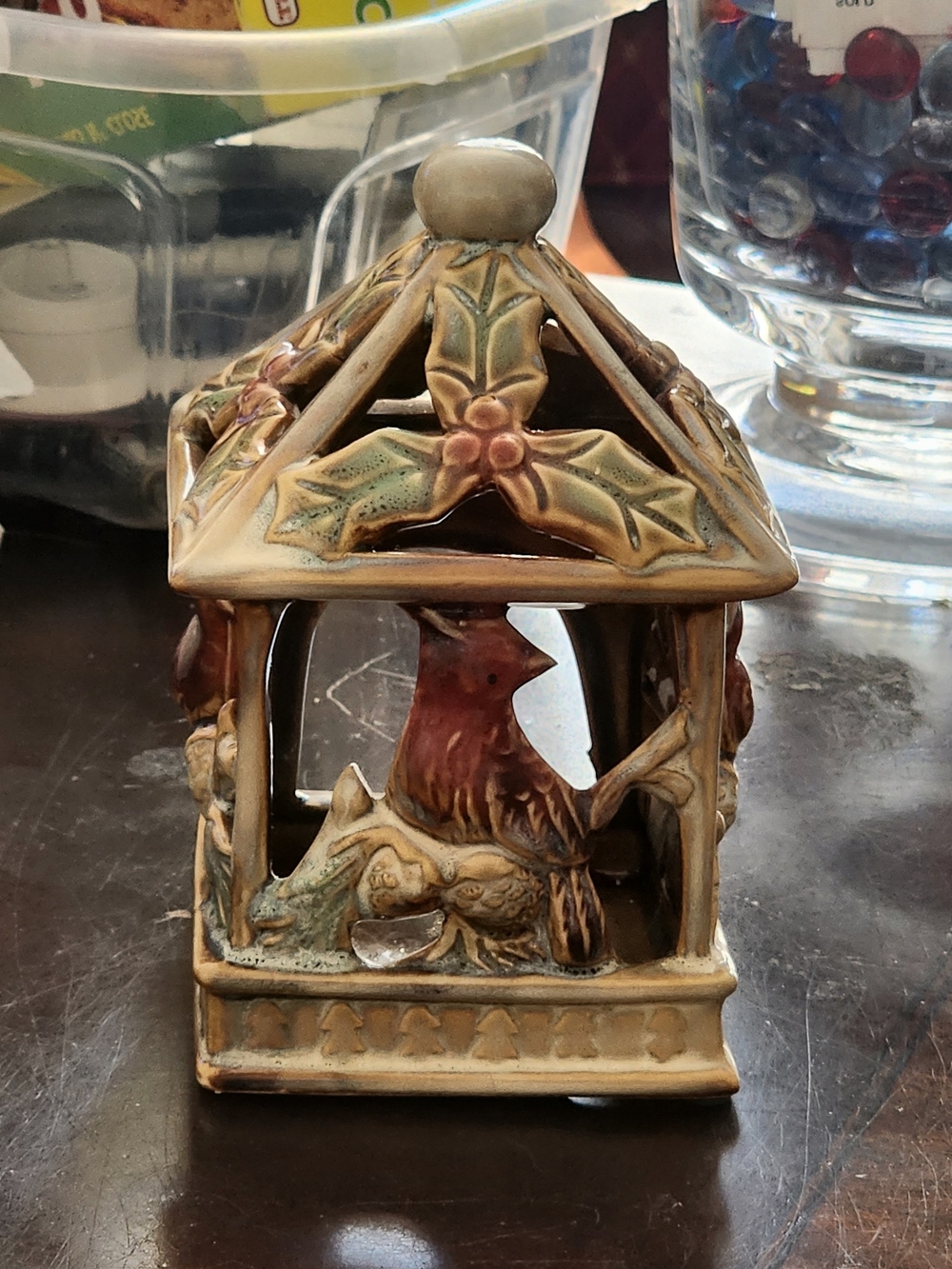 Ceramic Cardinal Pagoda Candle Holder - Tan and Red
